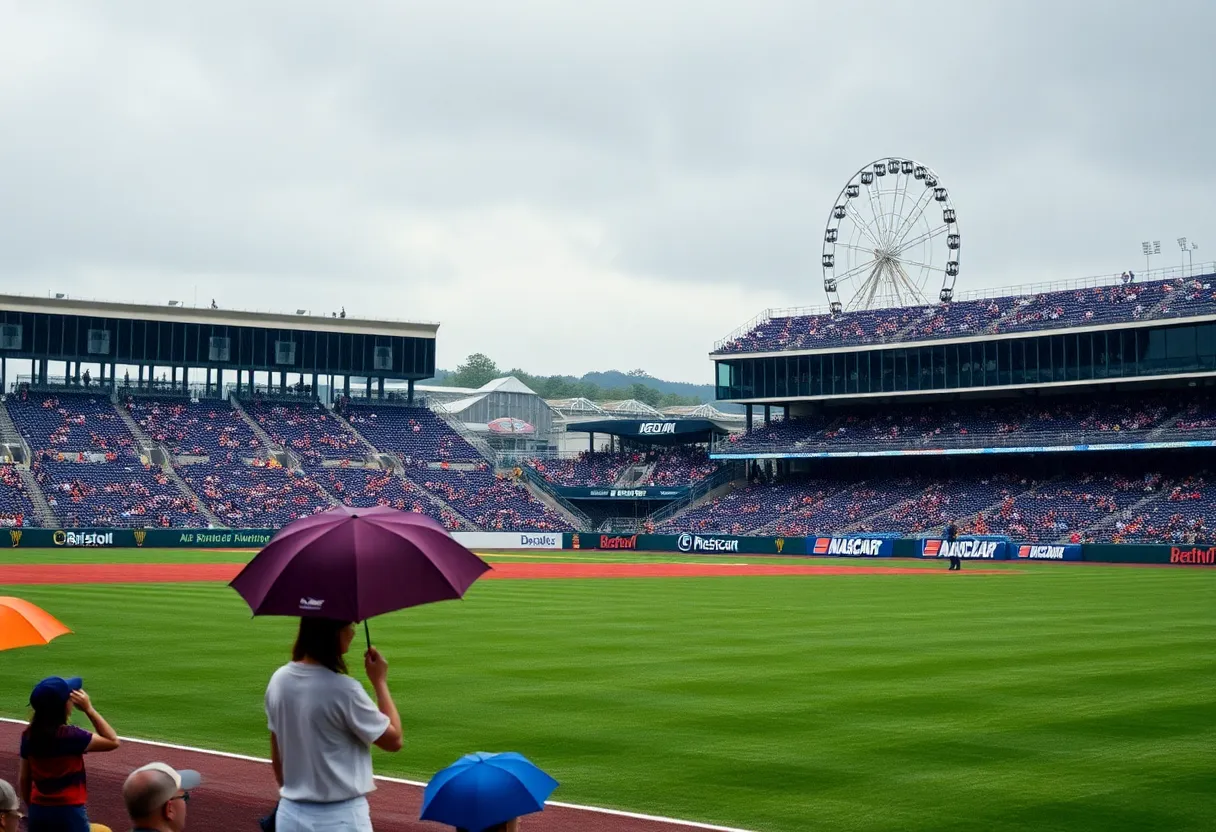 Fans at Bristol Motor Speedway during the rain delay of MLB Speedway Classic.