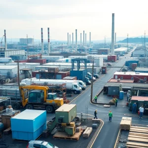 Workers in Morristown's industrial area during an economic expansion.