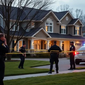 Police officers at a luxury home during a law enforcement operation