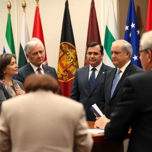 Diverse group of political officials discussing diplomacy with various flags