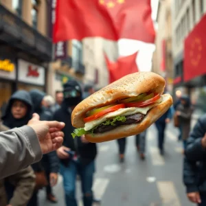 An illustration of a sandwich being thrown in a city street during a protest.