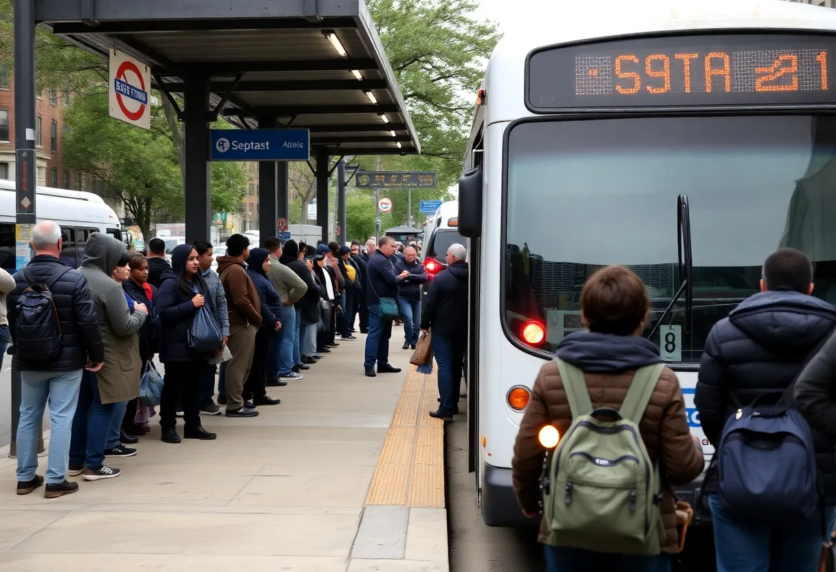 Commuters waiting at a SEPTA bus stop in Philadelphia amidst service cuts.