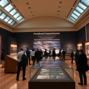 Visitors exploring the updated impeachment exhibit at the Smithsonian.