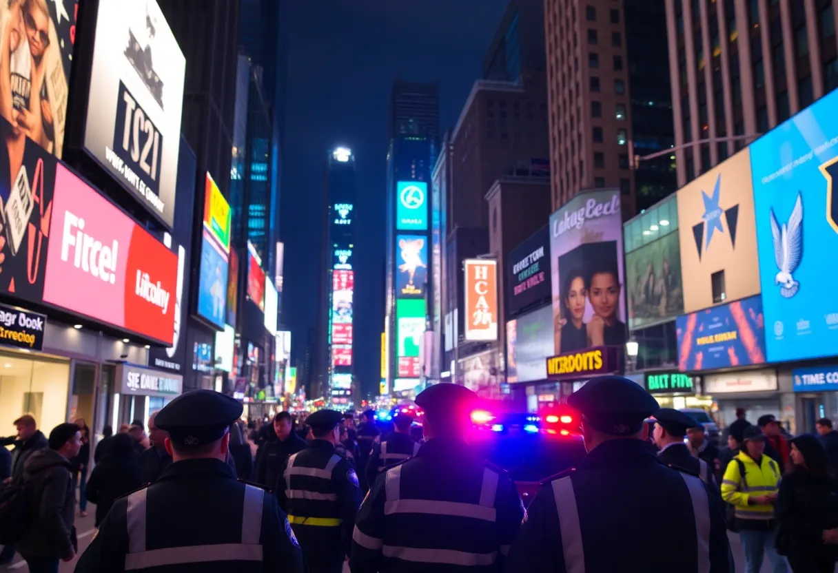 Police cars with lights on in Times Square at night
