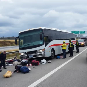Scene of a tour bus accident on a highway with emergency responders.