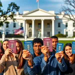 Diverse visa holders in front of the White House during the immigration policy review.