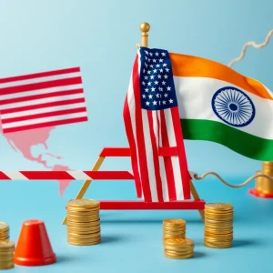 US and India flags with a backdrop of trade barriers
