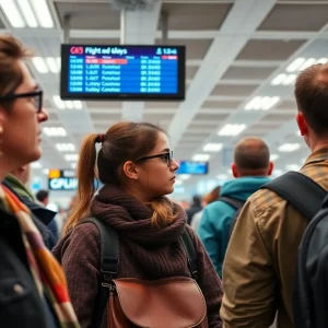 Airport passengers waiting anxiously during flight disruptions