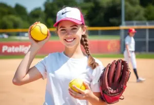 Young athlete proudly displaying her softball gear on the field