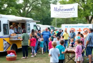 Families enjoying a community event focused on Alzheimer's awareness, with food trucks and games.