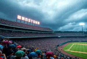 Aerial view of Bristol Motor Speedway during the Braves vs. Reds game suspension, highlighting rain and fans in attendance.