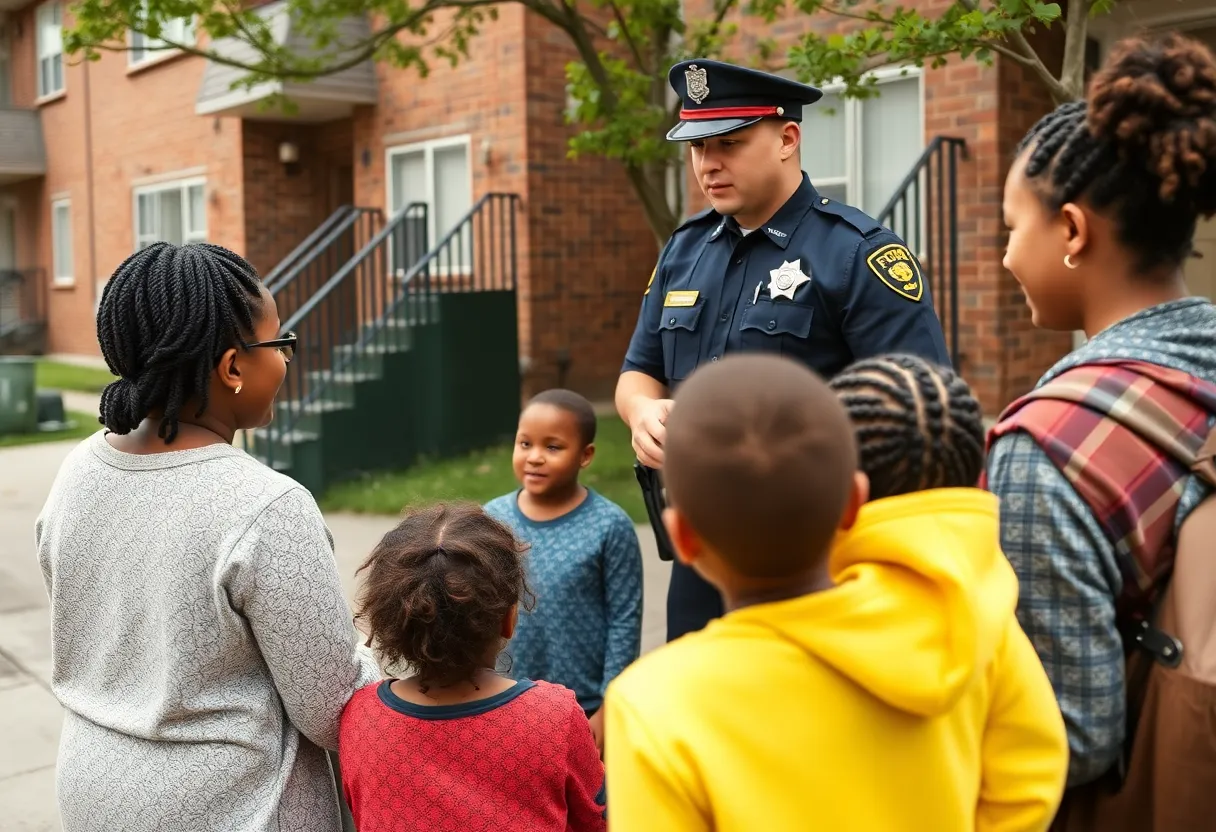 Police officer engaging with residents in public housing