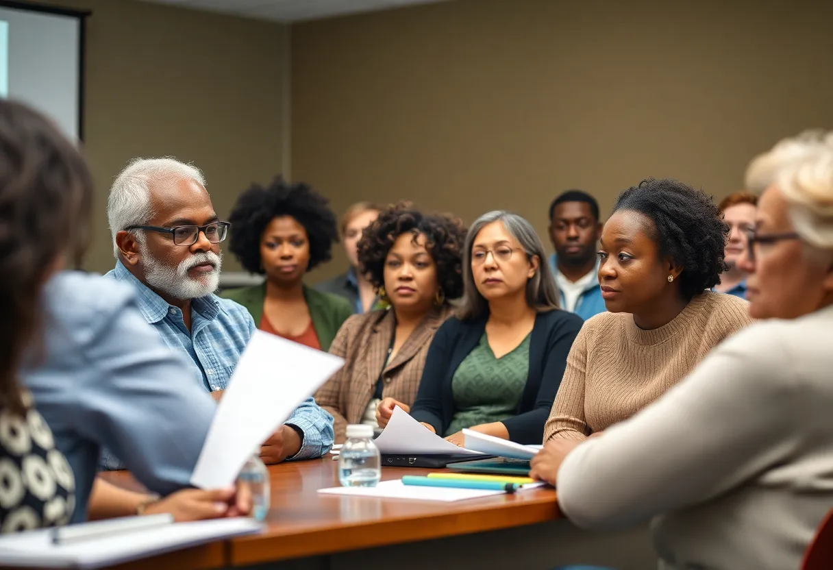 Residents discussing education reforms during a city council meeting