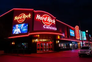 Exterior view of Bristol Hard Rock Casino at night