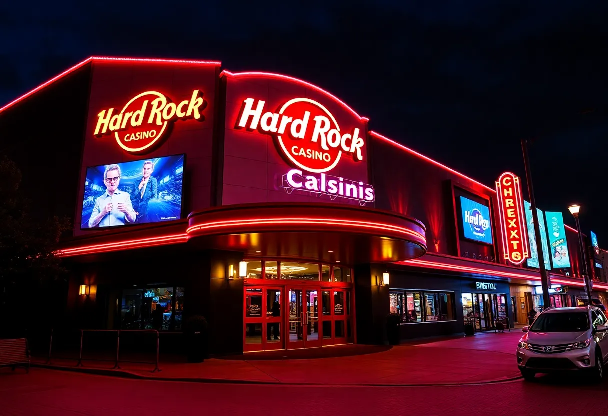Exterior view of Bristol Hard Rock Casino at night