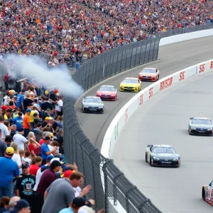 Cars racing at Bristol Motor Speedway during the ARCA event.