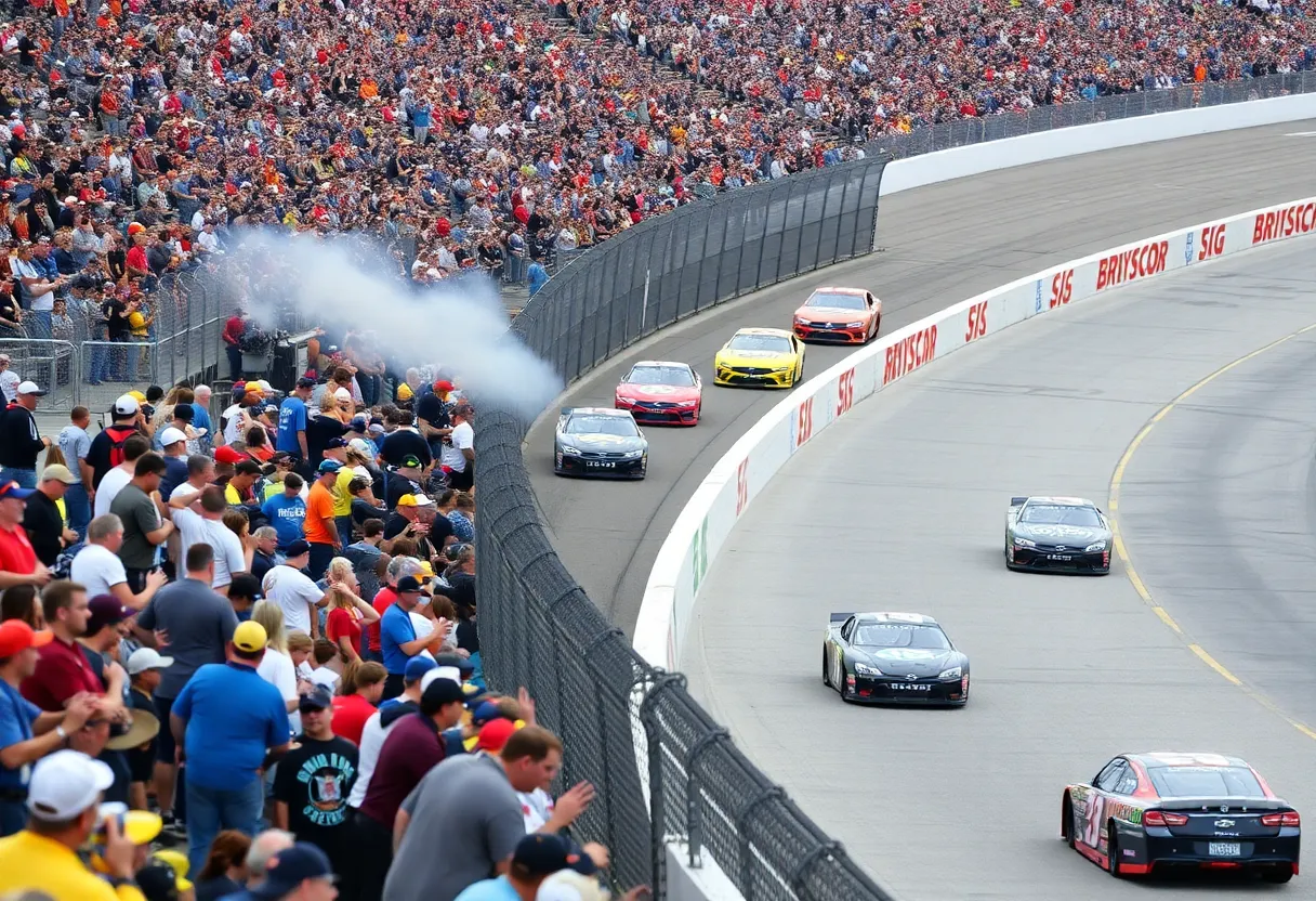Cars racing at Bristol Motor Speedway during the ARCA event.