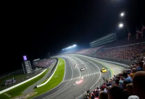 Cars racing at Bristol Motor Speedway during night race