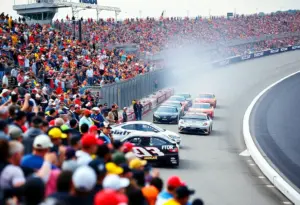 NASCAR race at Bristol Motor Speedway with cars racing