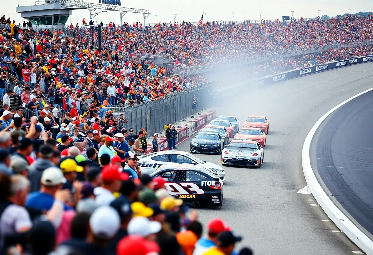 NASCAR race at Bristol Motor Speedway with cars racing