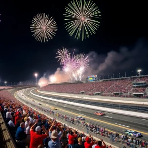 Exciting NASCAR race at Bristol Motor Speedway during the night with fireworks
