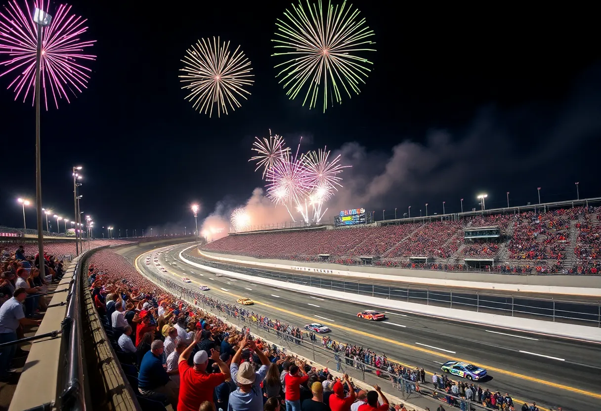 Exciting NASCAR race at Bristol Motor Speedway during the night with fireworks