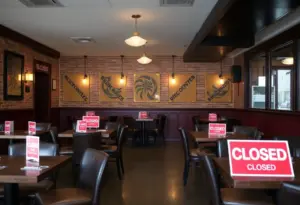 Closed restaurant in Bristol, indicating economic struggles.