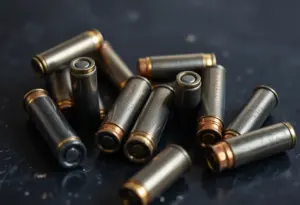 Bullet casings with political engravings on dark surface