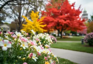 A peaceful park with blooming flowers and trees, symbolizing tranquility and remembrance.