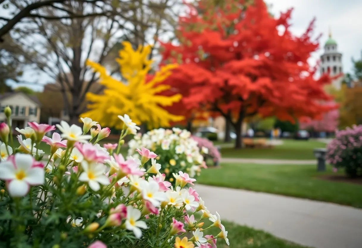 A peaceful park with blooming flowers and trees, symbolizing tranquility and remembrance.