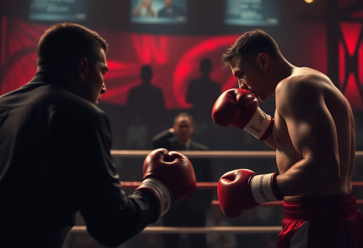 A boxing match scene symbolizing tension and conspiracy.