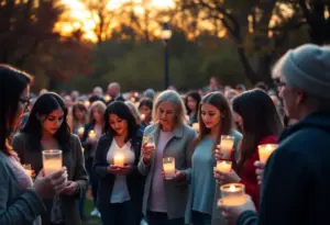 A group of community members gathered for a memorial event holding candles in a park.