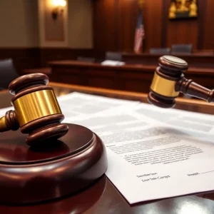 Courtroom scene representing dismissal of election-related charges