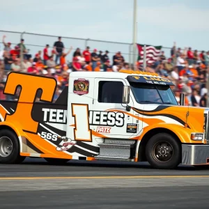 Chevy Silverado with Big Orange design racing at Bristol Motor Speedway