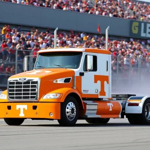 NASCAR truck adorned with University of Tennessee colors racing at Bristol Motor Speedway