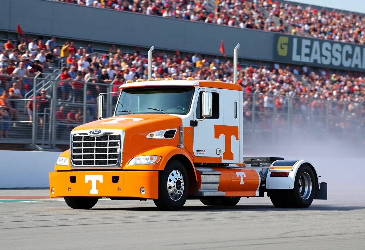 NASCAR truck adorned with University of Tennessee colors racing at Bristol Motor Speedway