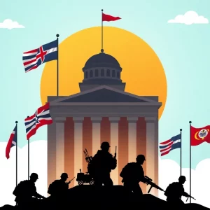 Conceptual illustration representing the Department of War with military symbols.