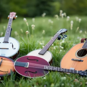 Bluegrass instruments and serene landscape representing hope in music.