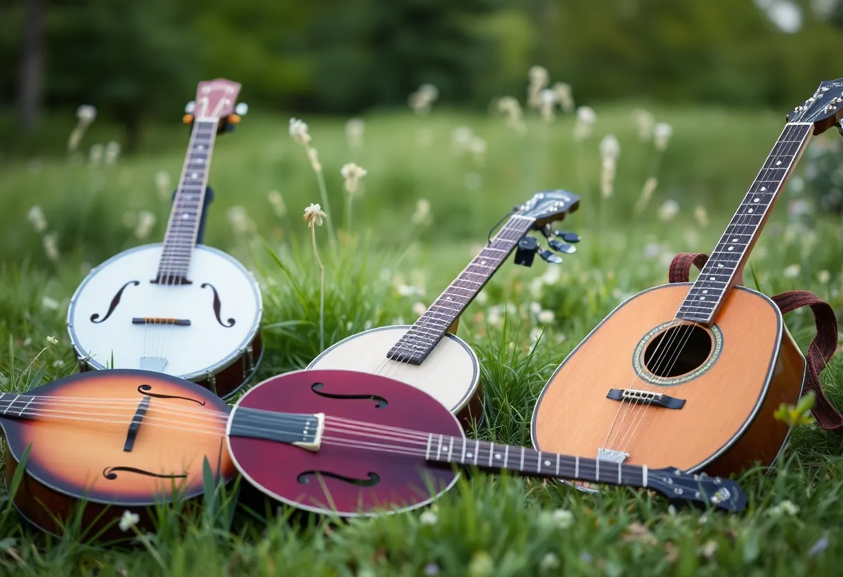 Bluegrass instruments and serene landscape representing hope in music.
