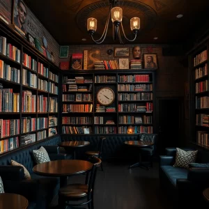 Interior of the Dragonfly Book Bar with bookshelves and cozy seating
