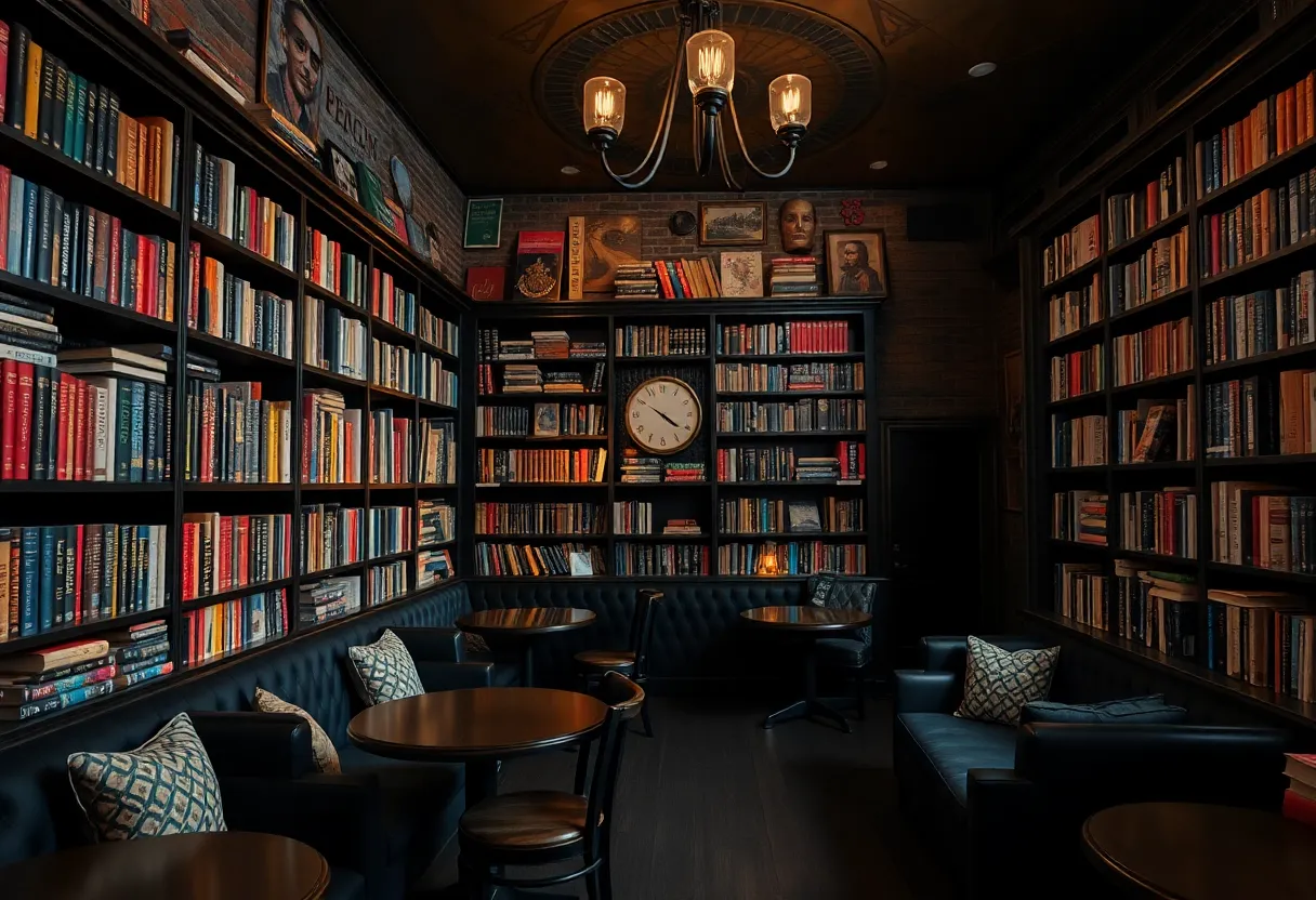 Interior of the Dragonfly Book Bar with bookshelves and cozy seating