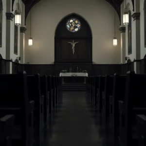 Interior view of an empty church with dim lighting.