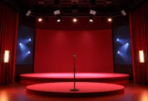 An empty stage of a late-night talk show with a microphone, symbolizing the debate on free speech.