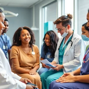 Healthcare providers engaging with patients in a community health environment.