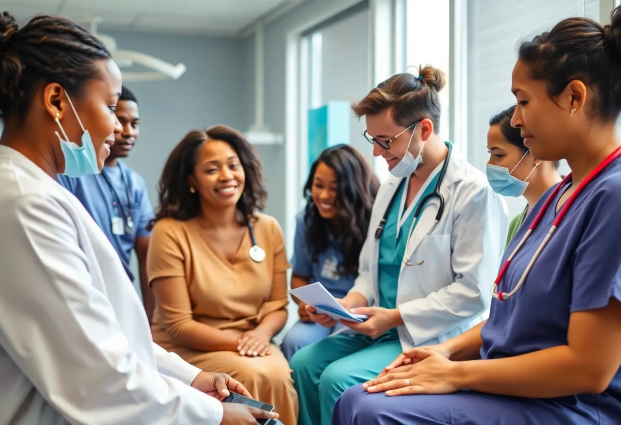 Healthcare providers engaging with patients in a community health environment.