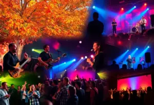 People enjoying a fall concert in East Tennessee with musical instruments and colorful autumn leaves.