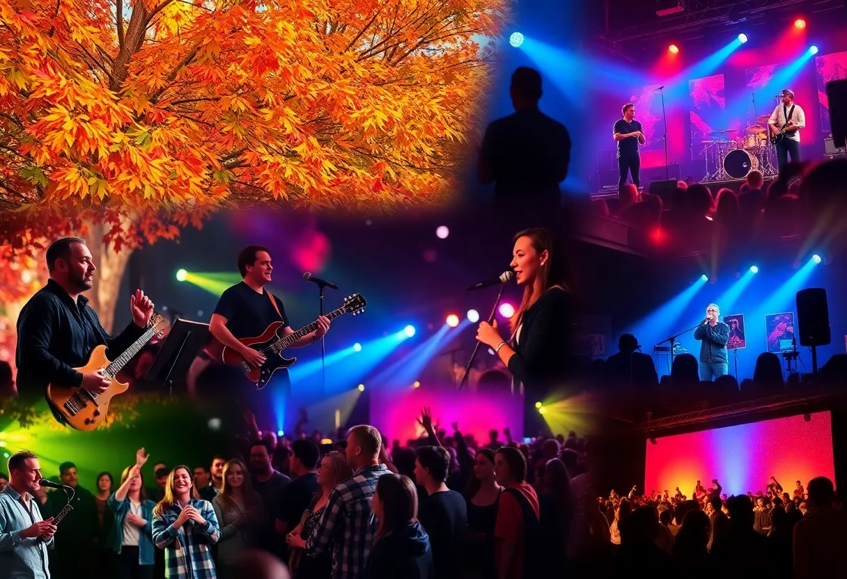 People enjoying a fall concert in East Tennessee with musical instruments and colorful autumn leaves.
