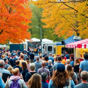 Crowd enjoying a music festival in autumn with colorful trees