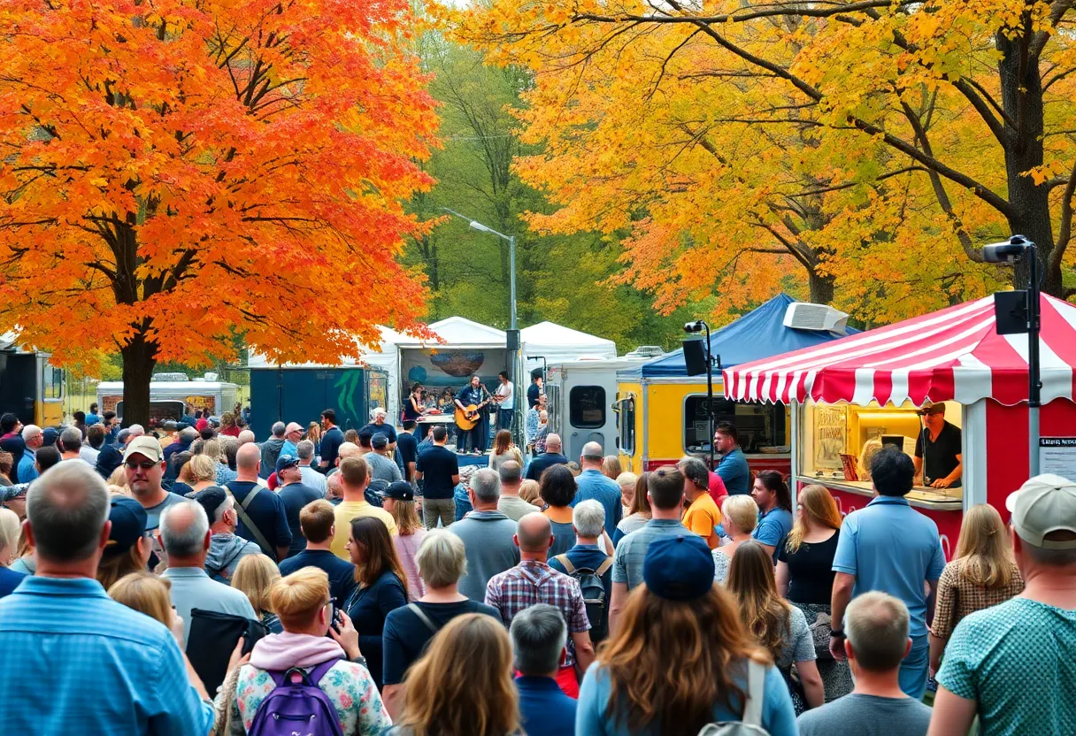 Crowd enjoying a music festival in autumn with colorful trees