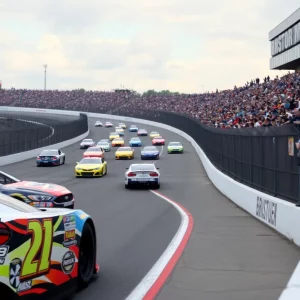 NASCAR cars racing at Bristol Motor Speedway during the Food City 300